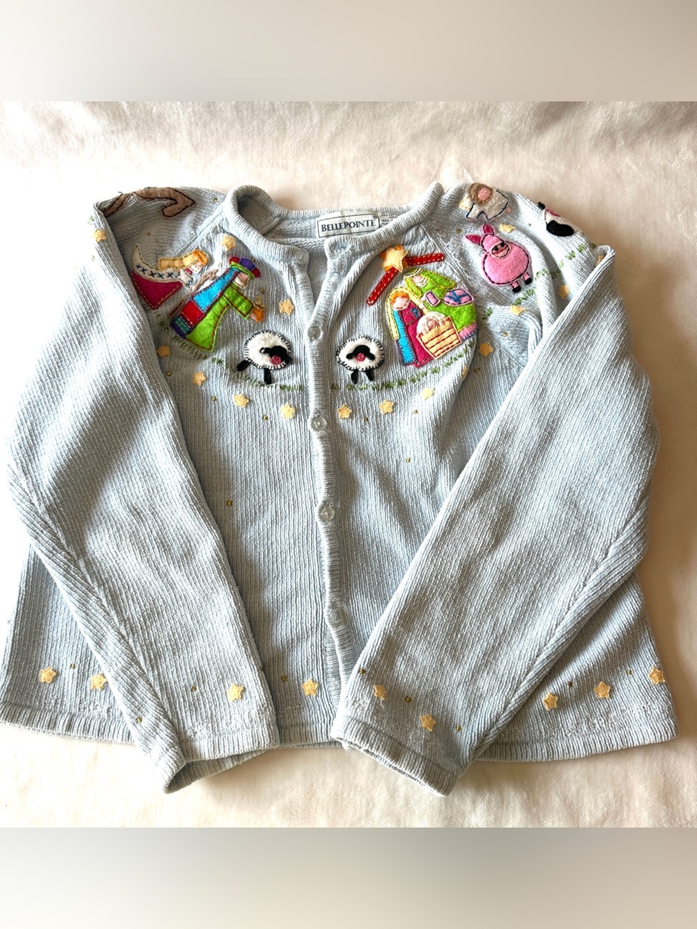 Vintage 90s Bellepointe Christmas Nativity Cardigan Sweater Blue Grannycore